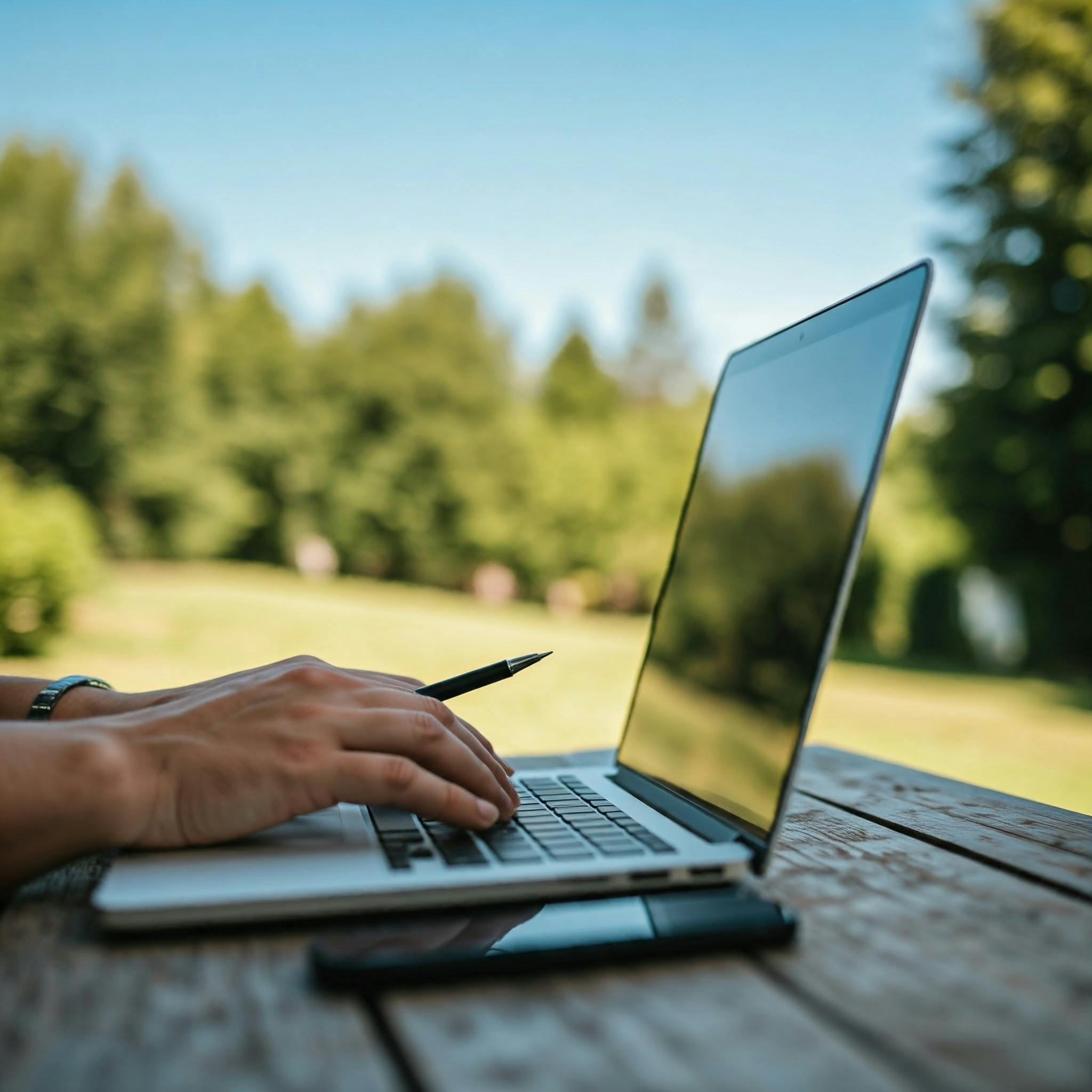 Hands typing on a laptop outdoors, capturing the essence of remote work in nature.